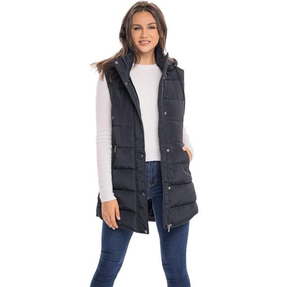 Women's Winter Long Puffer Vest, Quilted Faux Down Filled Hooded Vest - Picture 5 of 7